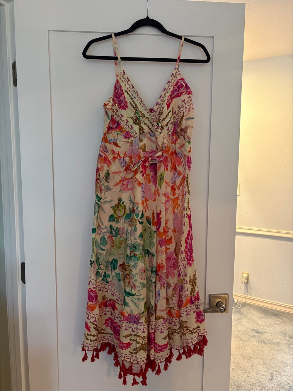 POL Floral V-Neck Spaghetti Strap Maxi Dress - Cream with Pink, Green, Orange L